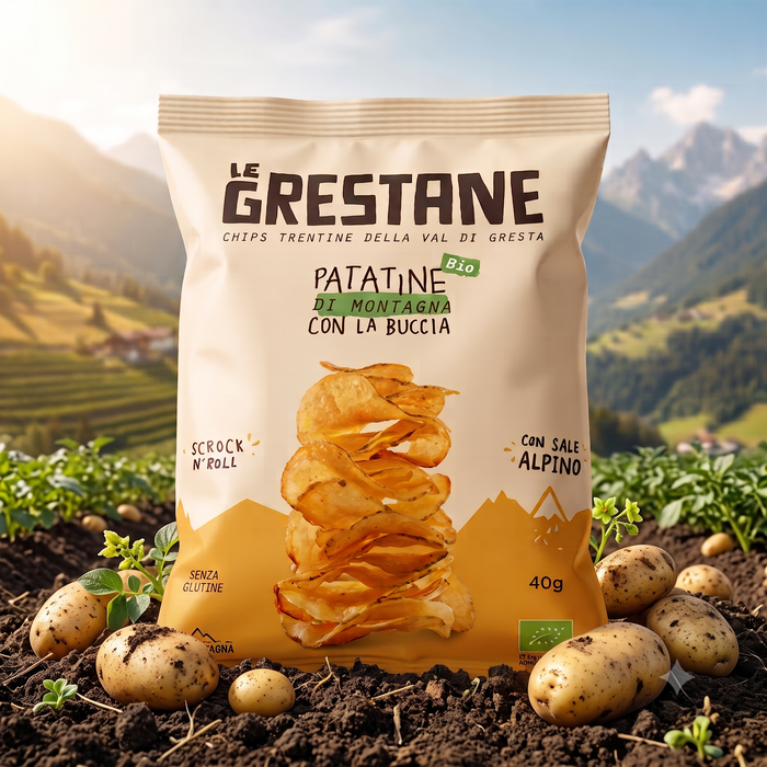 Bustina di patatine in un campo di patate tra le montagne
